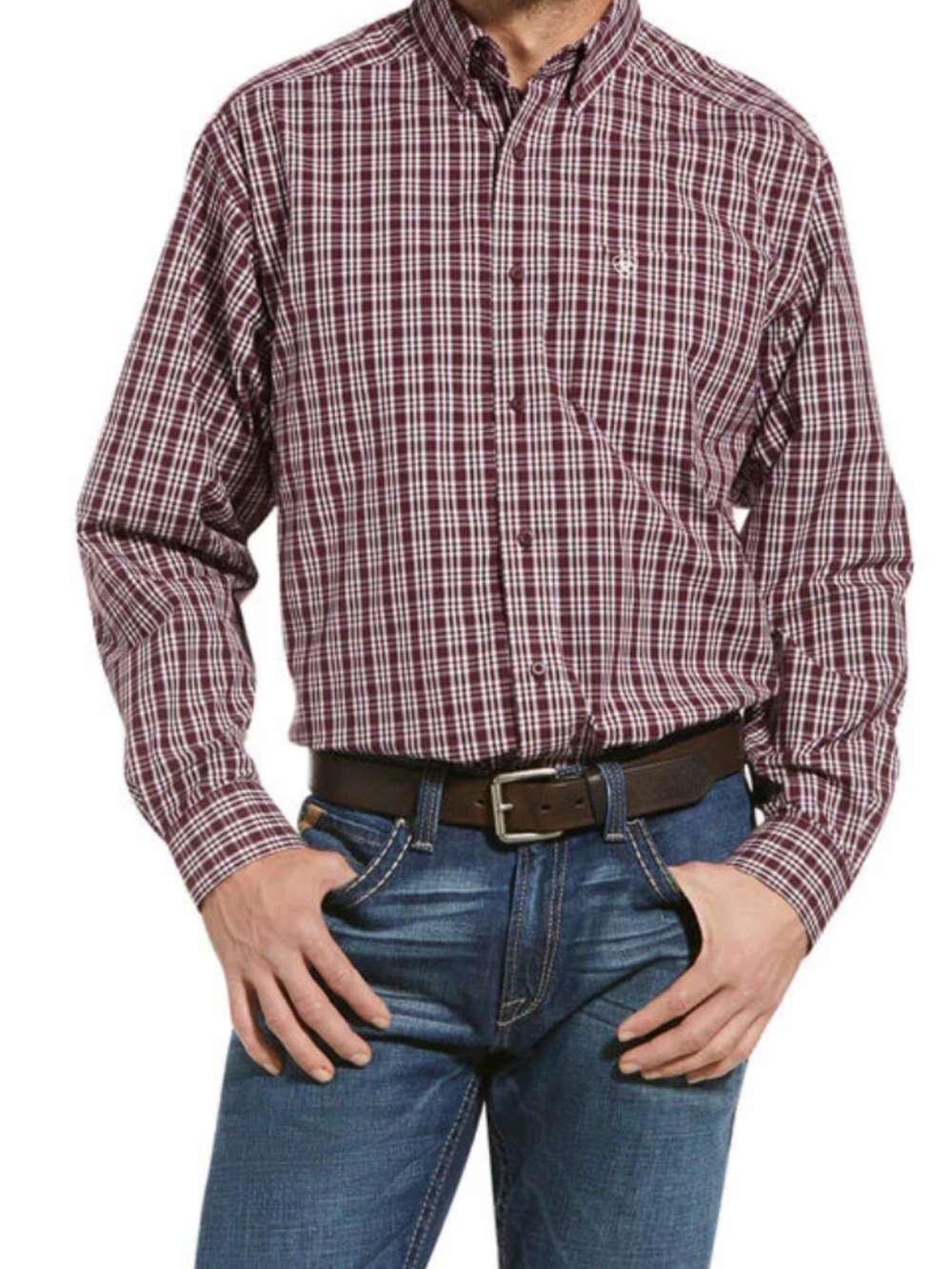 Ariat pro series Men's Burgundy and White Plaid Button-Down Shirt